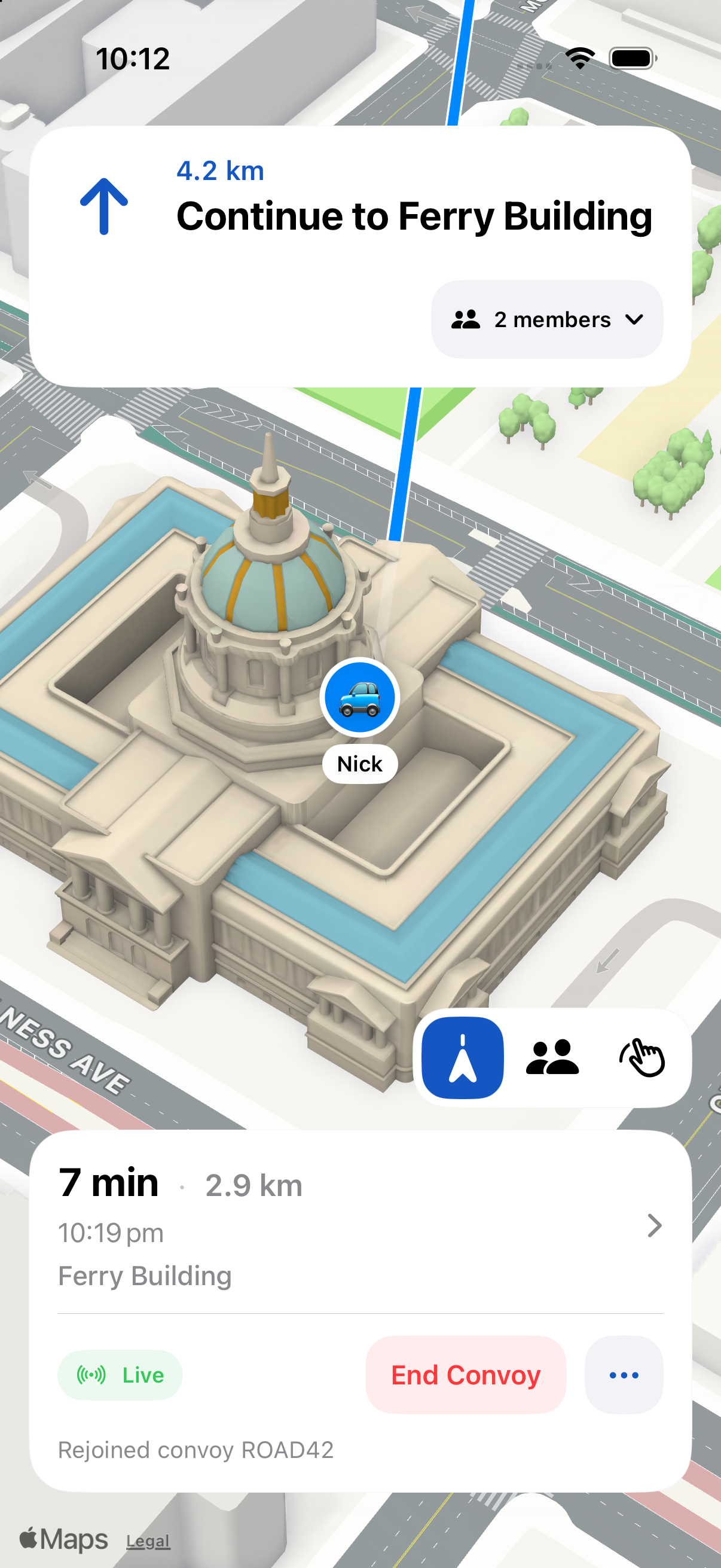 Actual Convoy iPhone app capture showing navigation to a shared destination, using synthetic simulator data.